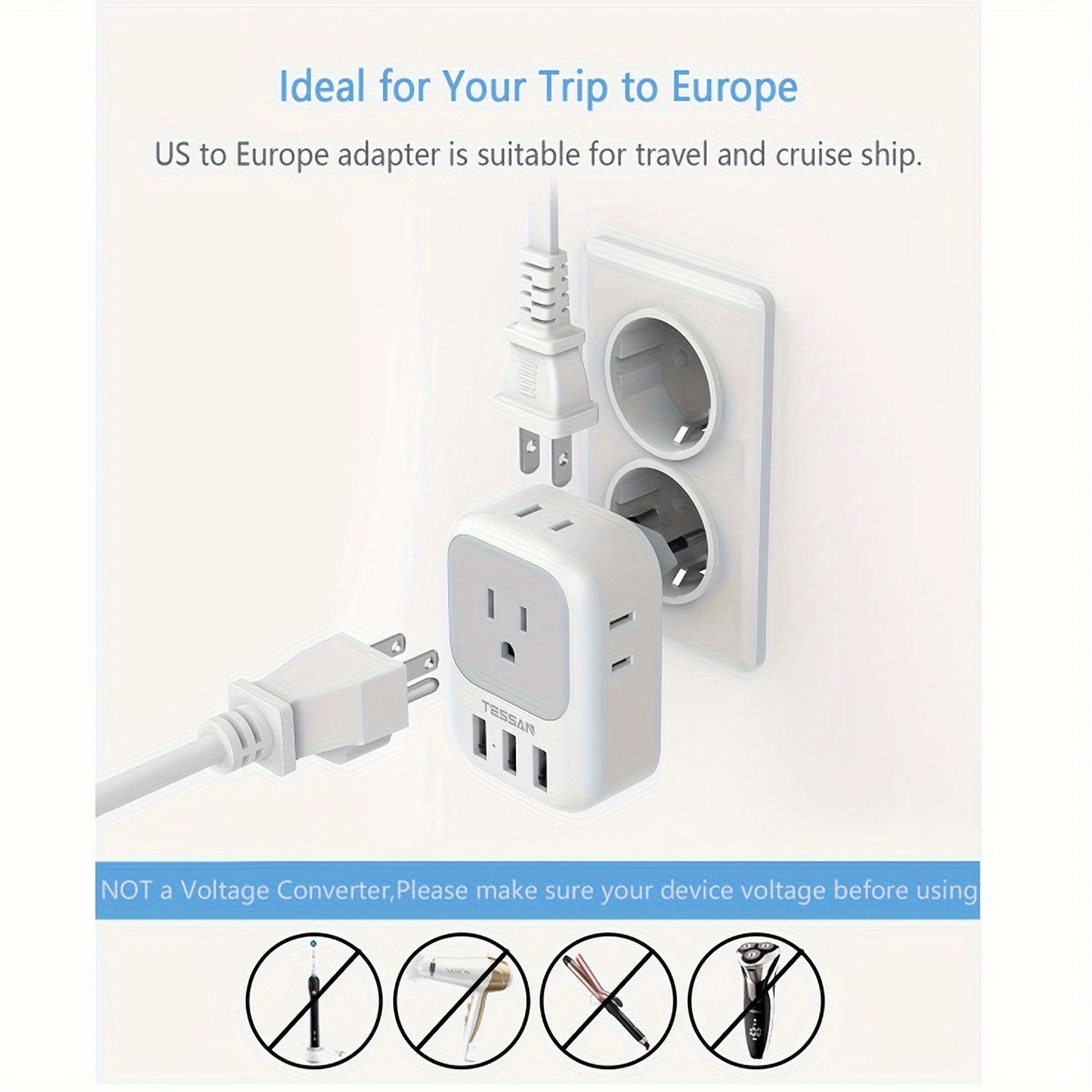 TESSAN European Travel Plug Adapter, International Power Plug With 4 AC Outlets 3 USB Ports, US To Most Of Europe Euro EU Italy Spain France Iceland Germany Greece Portugal Charger Adaptor, Type C