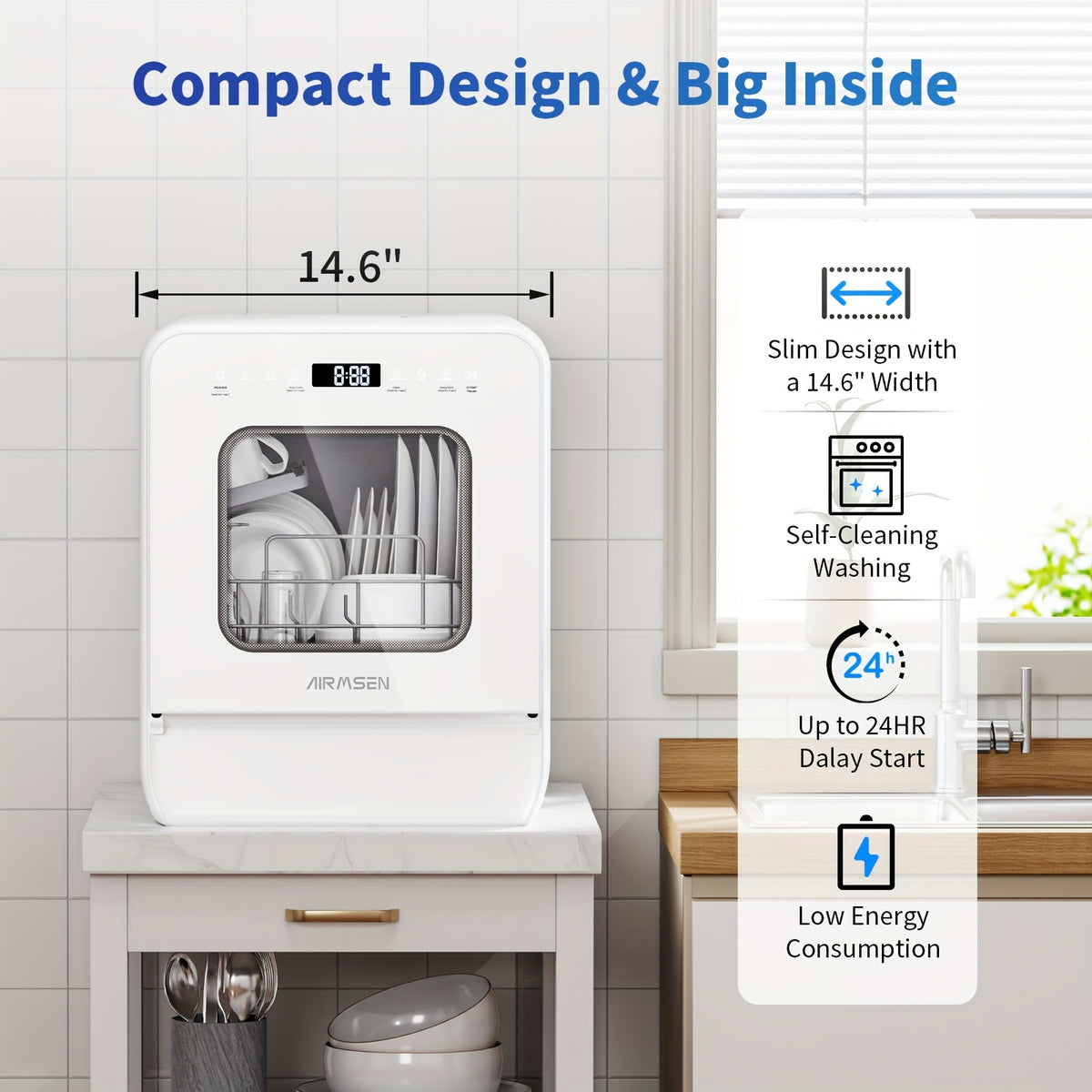 AIRMSEN 9 Programs Portable Countertop Dishwasher With 5L Built-in Water Tank, 14.6&quot; Wide Mini Dishwasher Upgrade Self-cleaning Washing, 24H Delay Start And Energy-saving, For Apartments &amp; RVs, White