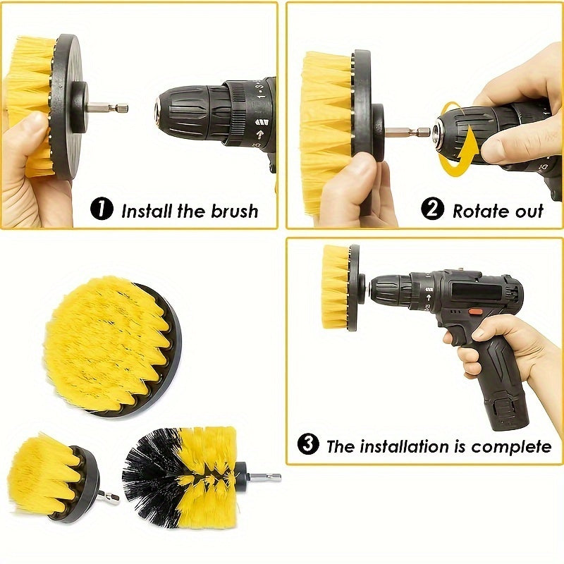 3-Piece Universal Drill Brush Attachment Set - Powerful Electric Scrubber with Extension Rod for Efficient Grout, Floor, Bathtub, Shower, Tile, Bathroom, Kitchen, and Car Surface Cleaning - Ideal for Heavy-Duty Cleaning Tasks
