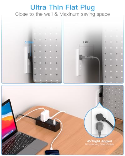 10Ft Extension Cord with Multiple Outlets, Flat Plug Power Strip Surge Protector with 10 Ft Long Cord, 6 Outlet 3 USB Ports (1 USB C), Multi Outlet Wall Plug for Travel, College, Dorm Room Essentials