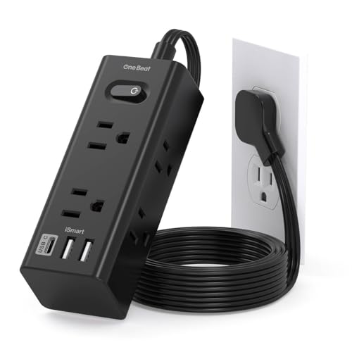 10Ft Extension Cord with Multiple Outlets, Flat Plug Power Strip Surge Protector with 10 Ft Long Cord, 6 Outlet 3 USB Ports (1 USB C), Multi Outlet Wall Plug for Travel, College, Dorm Room Essentials