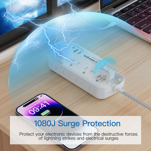 Flat Plug Surge Protector Power Strip, 5 Ft Braided Flat Extension Cord With 3 USB Charger (1 USB C), 8 AC Outlets Compact Desk Charging Station Wall Mount For Office, School, Dorm