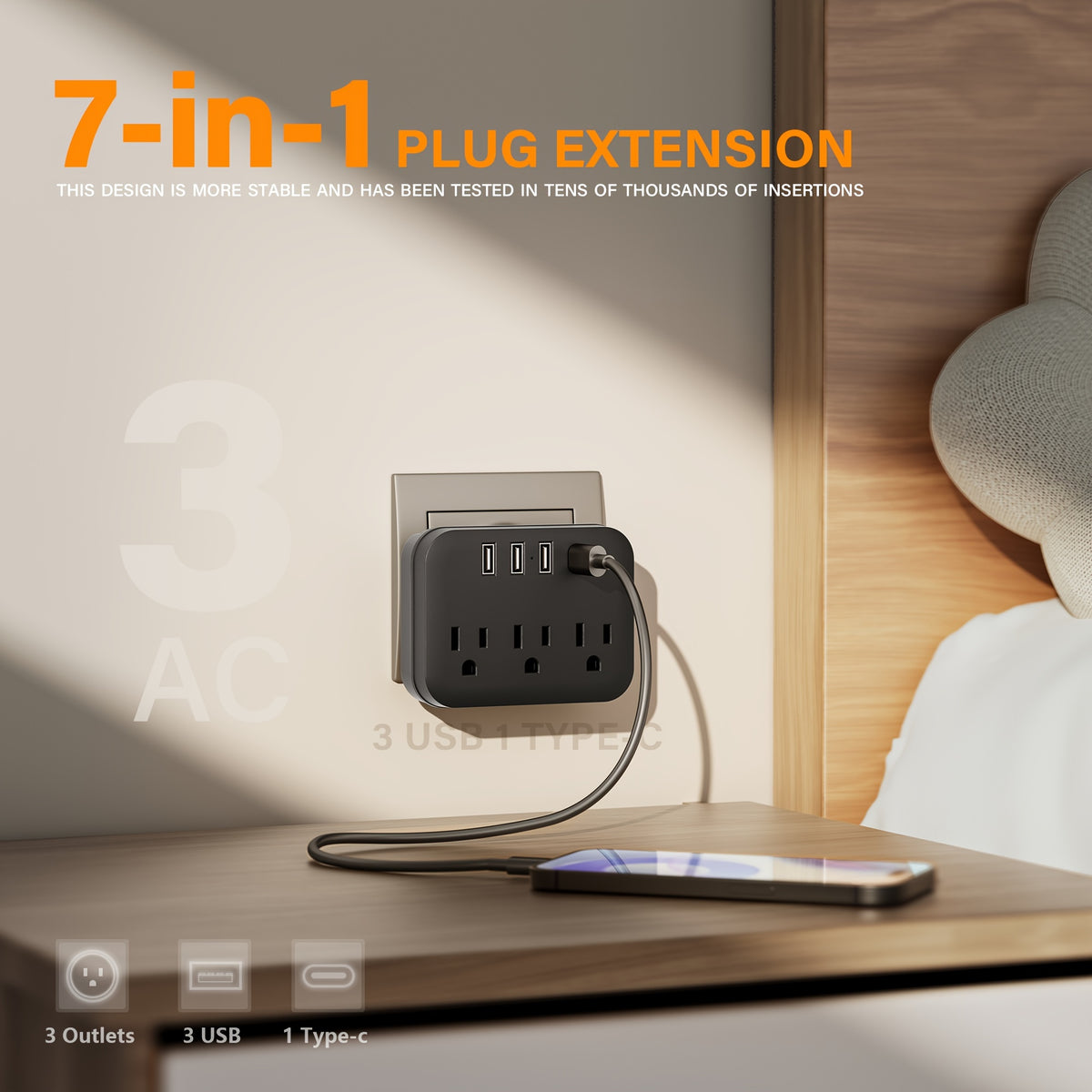 1pc Multi-outlet Power Extender With USB. Electrical Wall Outlet Splitter With 4 USB Ports (1-USB C) And 3 Outlets. Wall Charger Adapter Power Strip For Office, Bedside And Travel.