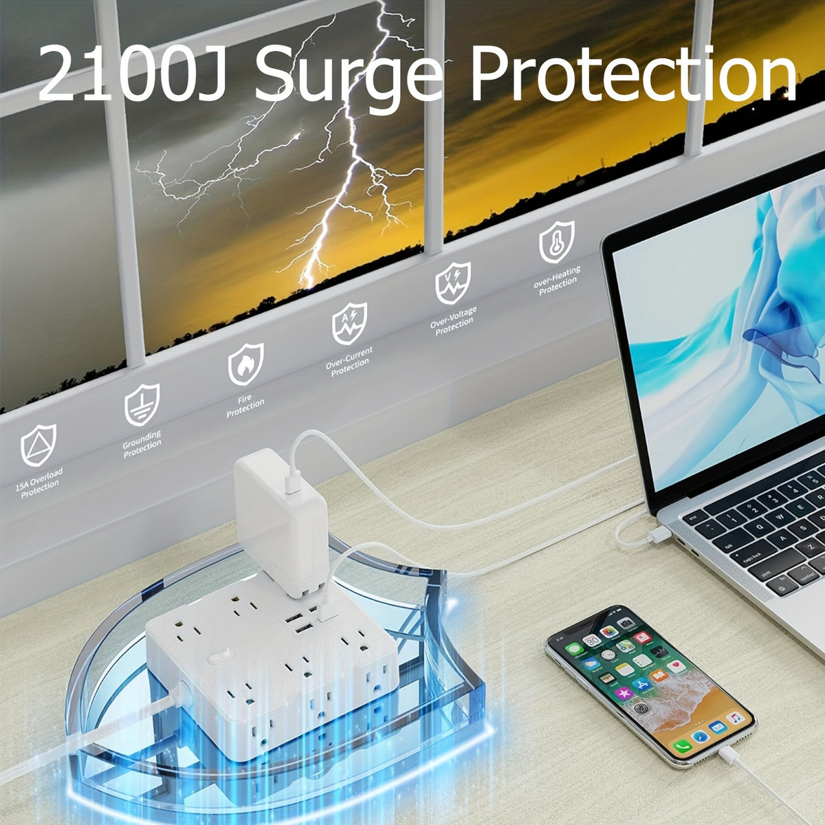 Power Bar Surge Protector - 5 ft Flat Plug Extension Cord with 4 USB Ports, 2100 Joules, Wall Mount, Desk Charging Station for Home Office Dorm, White