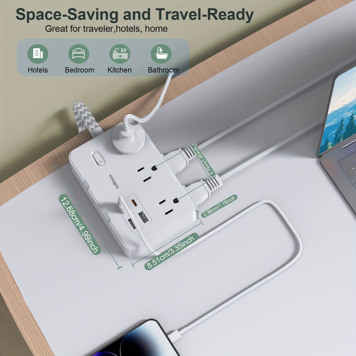 Flat Plug Power Strip Surge Protector - 6 Standard Outlets, 4 USB Charger (2 USB C), 5 Ft Braided Extension Cord, Rectangle, Mountable with On/Off Switch, 110V-130V, US Plug, Wall Mount for Office, School, Dorm, White