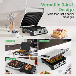 CACHOO Electric Panini Press Sandwich Maker, 1500W Indoor Grill with Non-Stick Coated Plates, Temperature Control & Removable Drip Tray, Opens 180 Degrees to Fit Any Type/Size of Food
