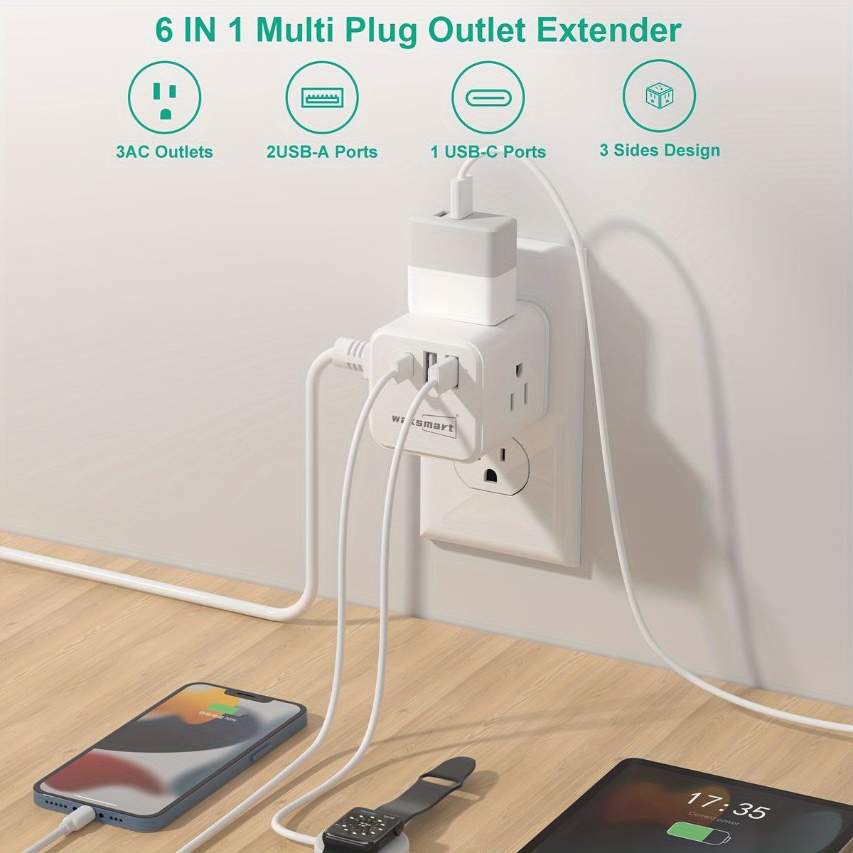 Multi Plug Outlet Extender 3 USB Ports (1 USB-C) 3 AC Outlets, Waksmart Wall Outlet Splitter, USB Wall Charger For Home, Office, Dorm, Travel Essentials, 15A/1875W ETL Listed