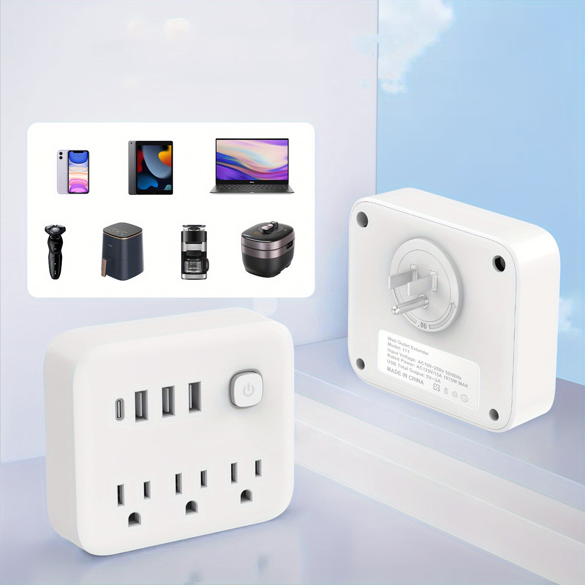 US Plug Conversion Socket With 3 AC Outlets, Surge Protection, 3 AC Outlets + 3 USB + 1 TYPE-C, With Individual Switches