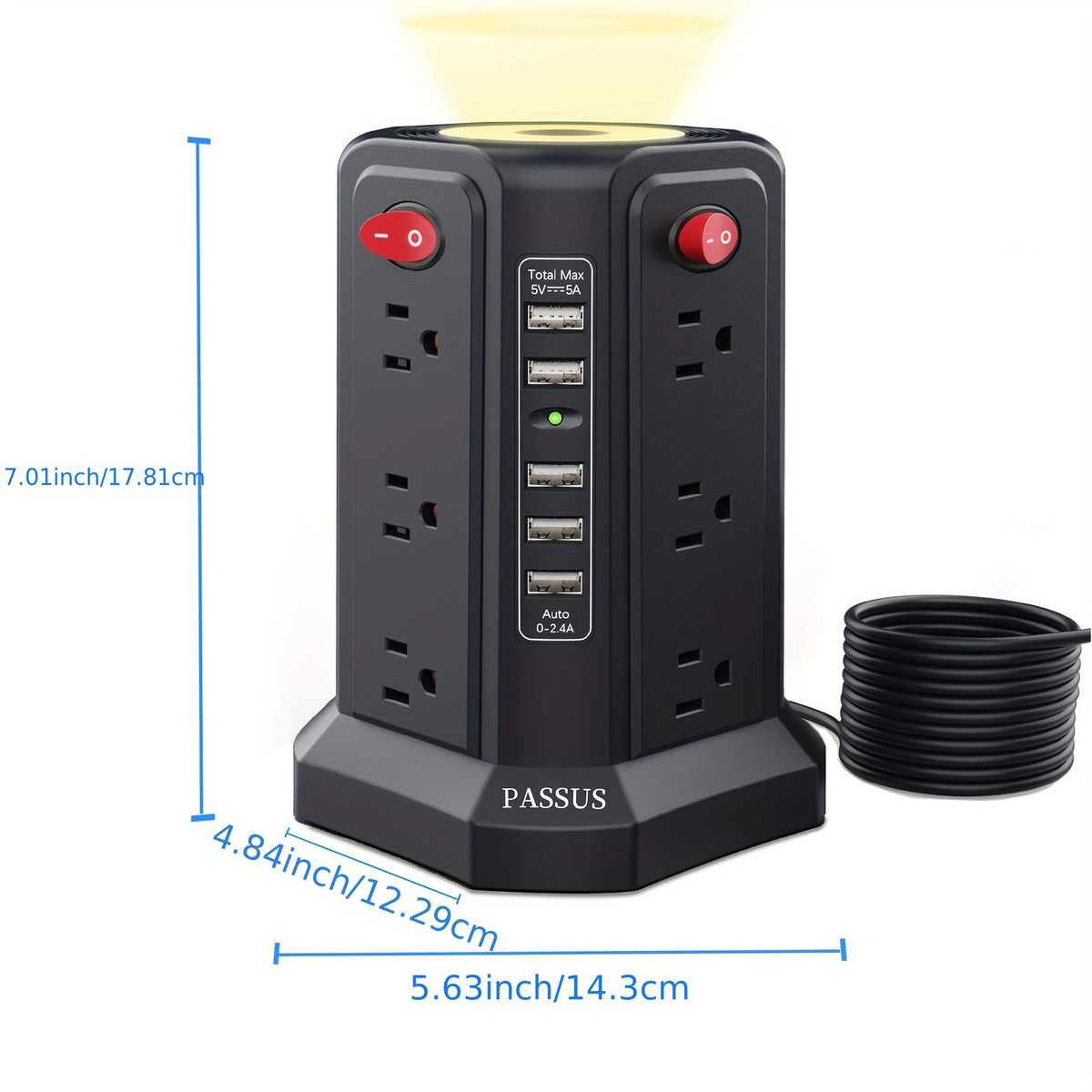 Surge Protector Power Strip Tower With 5 USB Ports And Night Light, 10FT Extension Cord With 12 AC Multiple Outlets, PASSUS Power Tower, Overload Protection For Home Office Dorm Room (Black)