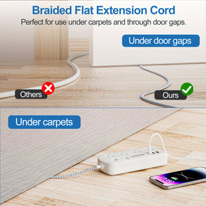 Flat Plug Surge Protector Power Strip, 5 Ft Braided Flat Extension Cord With 3 USB Charger (1 USB C), 8 AC Outlets Compact Desk Charging Station Wall Mount For Office, School, Dorm