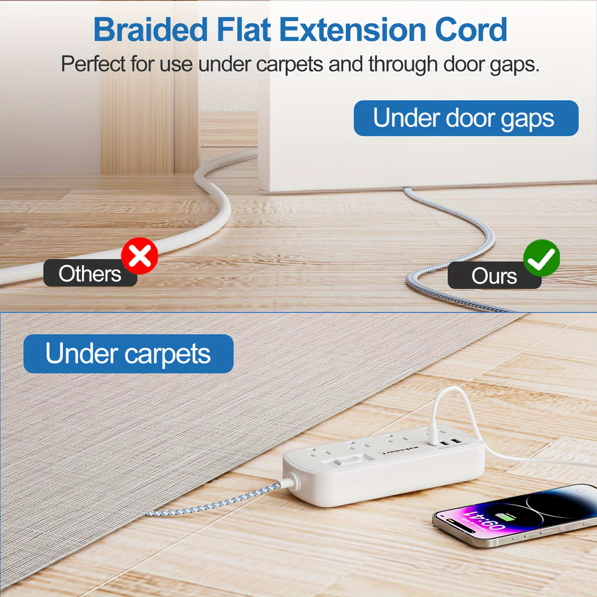 Flat Plug Surge Protector Power Strip, 5 Ft Braided Flat Extension Cord With 3 USB Charger (1 USB C), 8 AC Outlets Compact Desk Charging Station Wall Mount For Office, School, Dorm