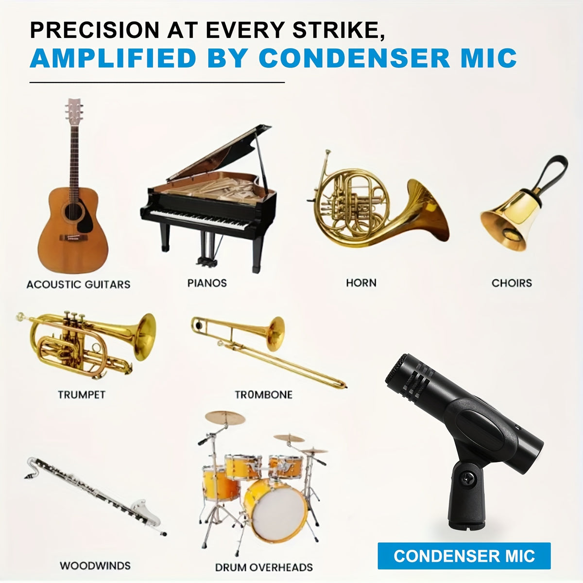 Condenser Instrument Microphone Drum Shaped Instrument Megaphone With Clamp Mount Cardioid Mic For Stage Performance