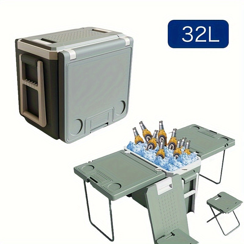 8.45gal Large Capacity Outdoor Cooler With Folding Table &amp; Chair Set - Waterproof, Portable Aluminum Insulated Box For Bbqs, Parties, Picnics, Camping &amp; Hiking