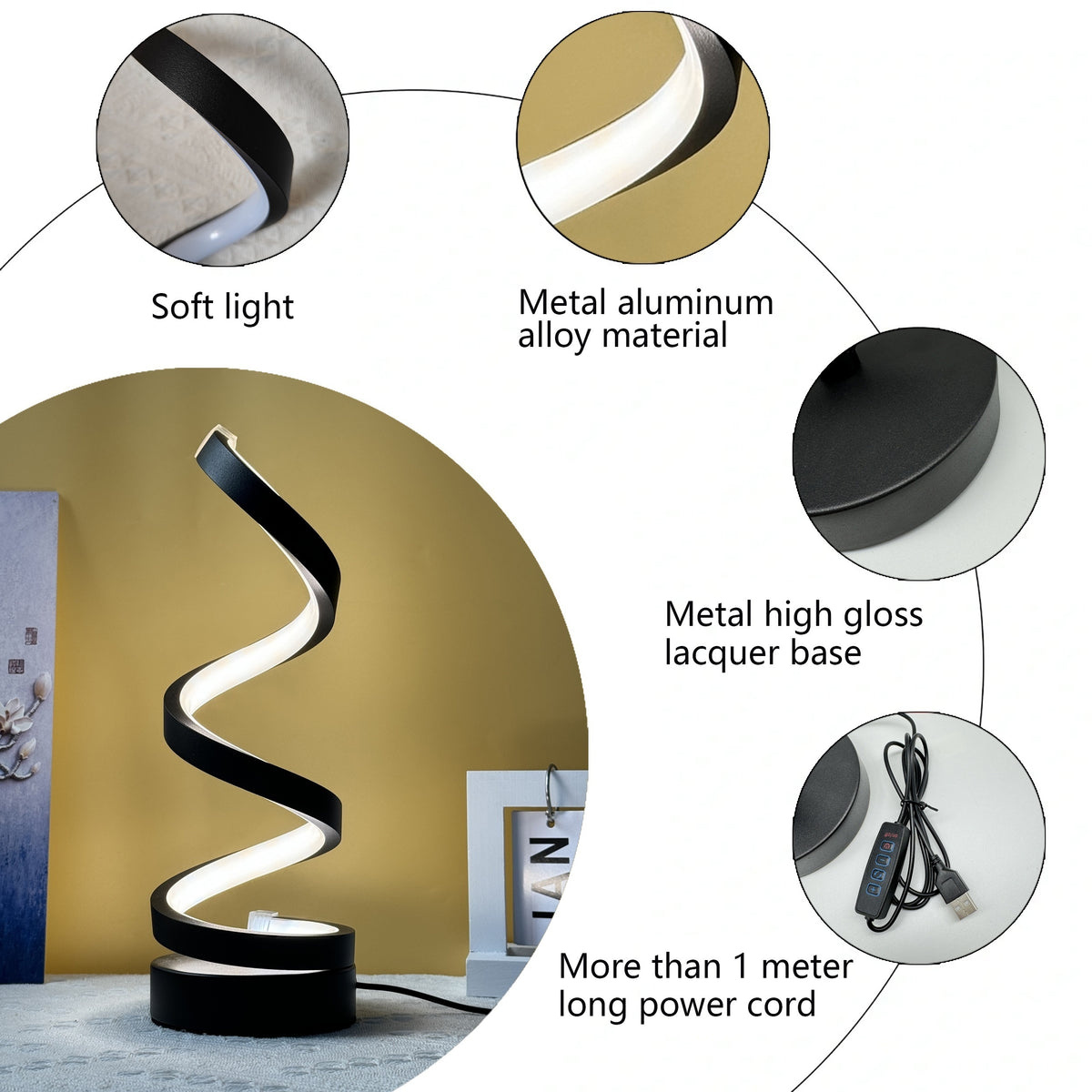 Modern LED Desk Lamp with USB - Adjustable Brightness, Warm White Light, Spiral Design for Eye Comfort, Perfect for Bedroom, Living Room, Office - 5W Tri-Color Dimmable Table Lamp