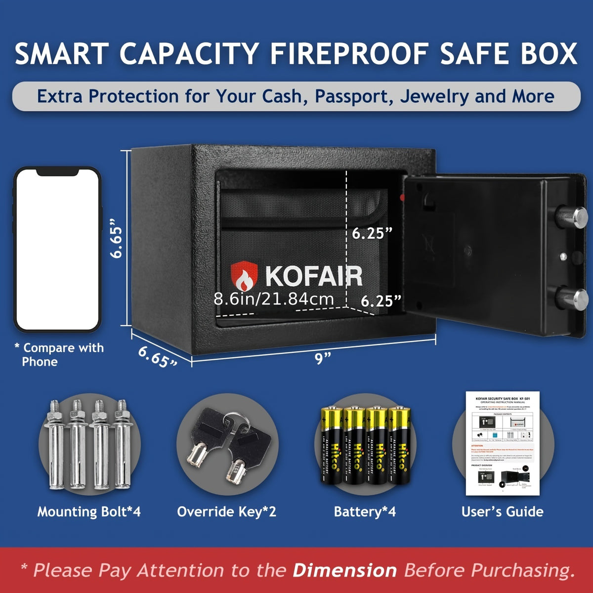 Small Safe Box For Home Safe (0.23 Cubic - Black) With Fireproof Bag, Personal Safe Box For Money Safe For Cash Saving, Mini Safe Box With Key, Digital Safety Box With Light, Money Lock Box