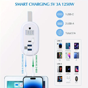 BEVA 4FT Travel Power Strip With USB C Ports, Non Surge Protector Small Power Strip With Flat Plug Travel Extension Cord, 2* Outlets 3* USB Ports(1* USB C), Travel Cruise Essentials(White 3.4A)