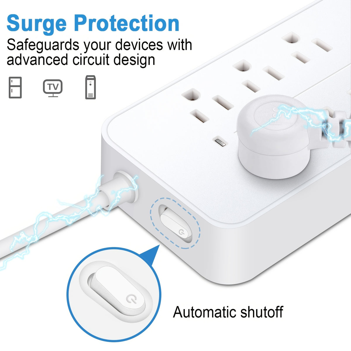 Black/White Power Strip, Surge Protector With 8 AC Outlets And 3 USB And 1 Type-C Port, Flat Plug With Angle