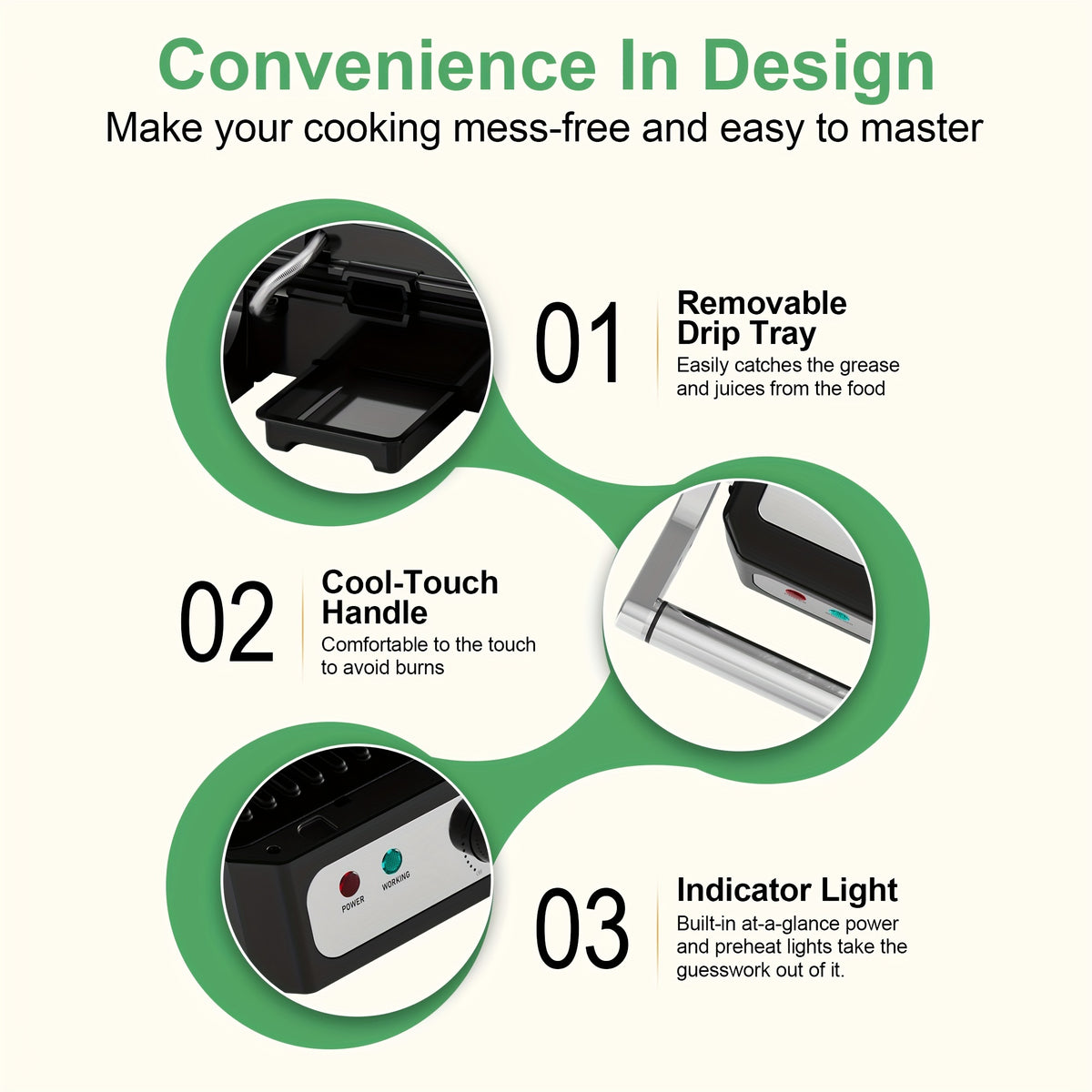 CACHOO Electric Panini Press Sandwich Maker, 1500W Indoor Grill with Non-Stick Coated Plates, Temperature Control &amp; Removable Drip Tray, Opens 180 Degrees to Fit Any Type/Size of Food