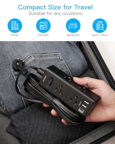 10Ft Extension Cord with Multiple Outlets, Flat Plug Power Strip Surge Protector with 10 Ft Long Cord, 6 Outlet 3 USB Ports (1 USB C), Multi Outlet Wall Plug for Travel, College, Dorm Room Essentials