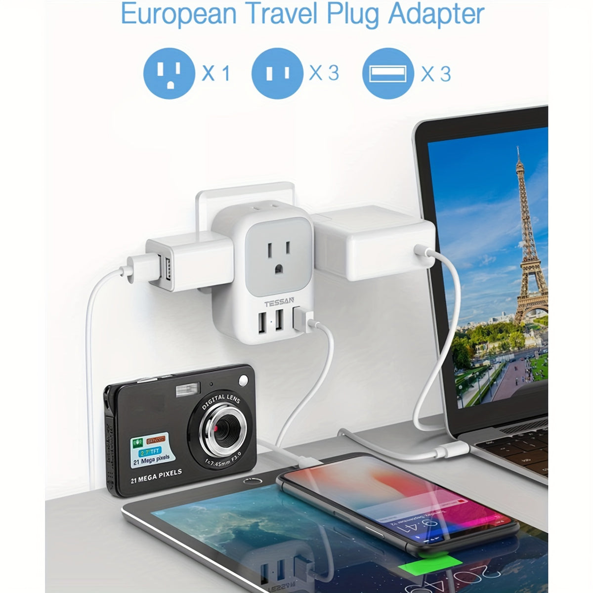 TESSAN European Travel Plug Adapter, International Power Plug With 4 AC Outlets 3 USB Ports, US To Most Of Europe Euro EU Italy Spain France Iceland Germany Greece Portugal Charger Adaptor, Type C