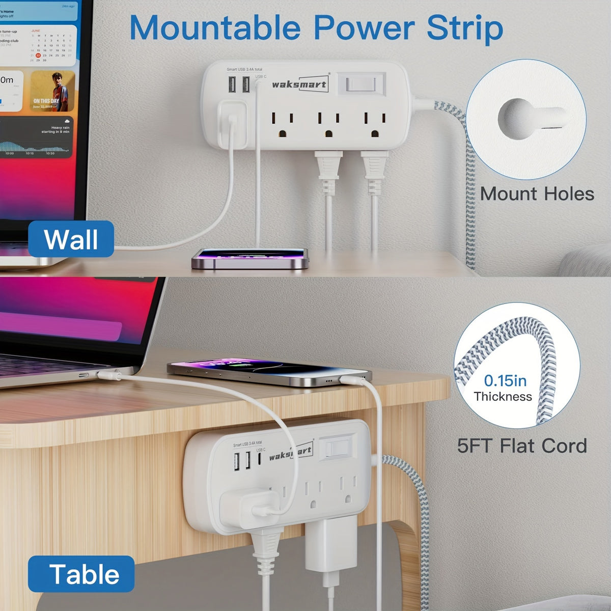 Flat Plug Surge Protector Power Strip, 5 Ft Braided Flat Extension Cord With 3 USB Charger (1 USB C), 8 AC Outlets Compact Desk Charging Station Wall Mount For Office, School, Dorm