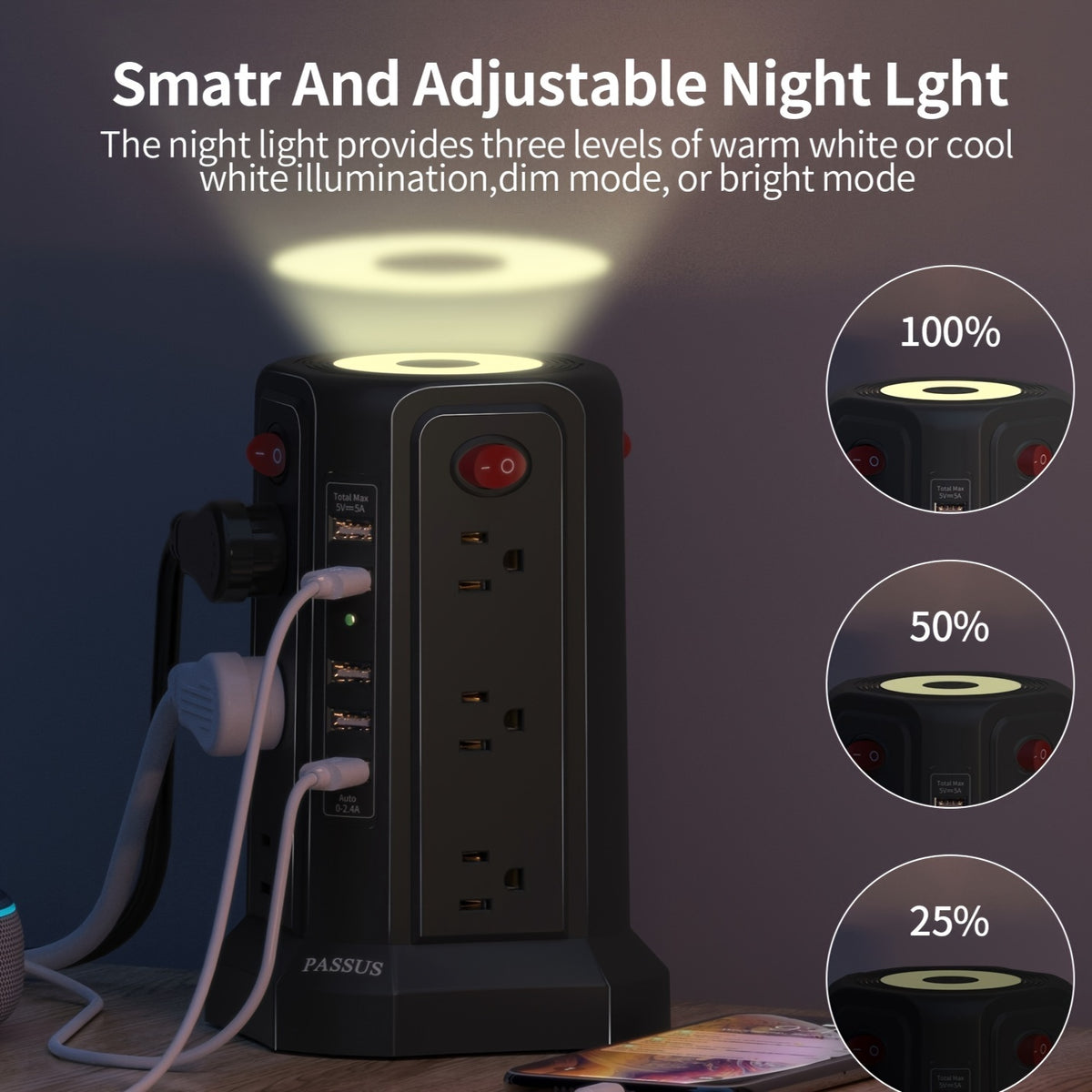 Surge Protector Power Strip Tower With 5 USB Ports And Night Light, 10FT Extension Cord With 12 AC Multiple Outlets, PASSUS Power Tower, Overload Protection For Home Office Dorm Room (Black)