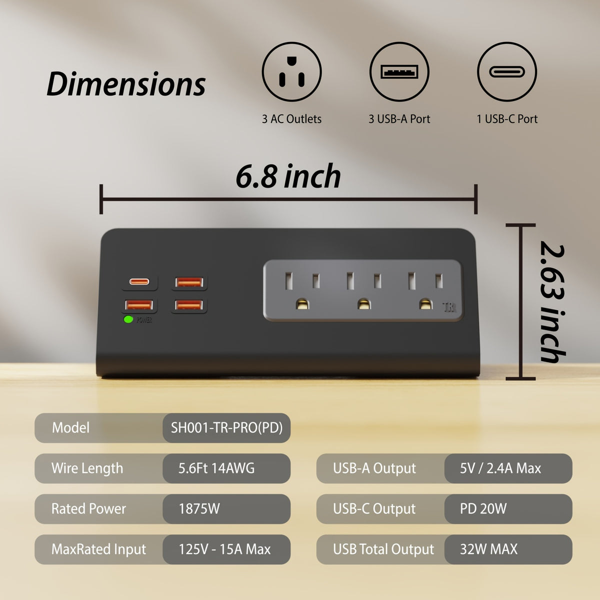 Upgraded, Desk Edge Clamp Mount Power Strips with USB Ports, PD20 W Fast Charging USB-C Port and 3 AC Outlets, Nightstand Charging Station, Office Tabletop Accessories, Hotels, 5.6 Ft Extension Cord