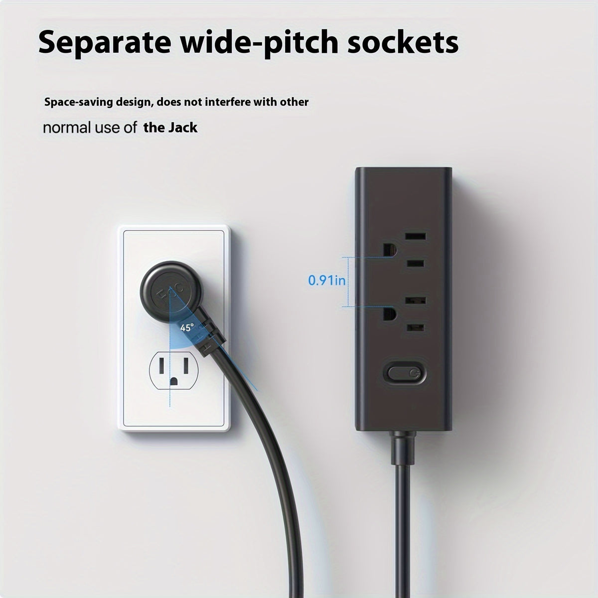 small and compact Black/white power strip, 3.9ft extension cord with 6 AC power outlets and 2 USB and 1 Type-C ports with flat corner plugs, convenient for travel, suitable for home/office