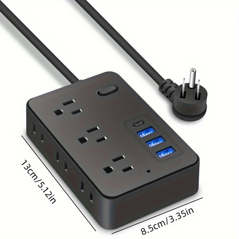 Ultra-Compact Power Strip with Individual Switch, 4 USB Ports (3 USB + 1 Type-C), 1.2m Cord, Universal Wall Mount, Black, 110-130V, US Plug