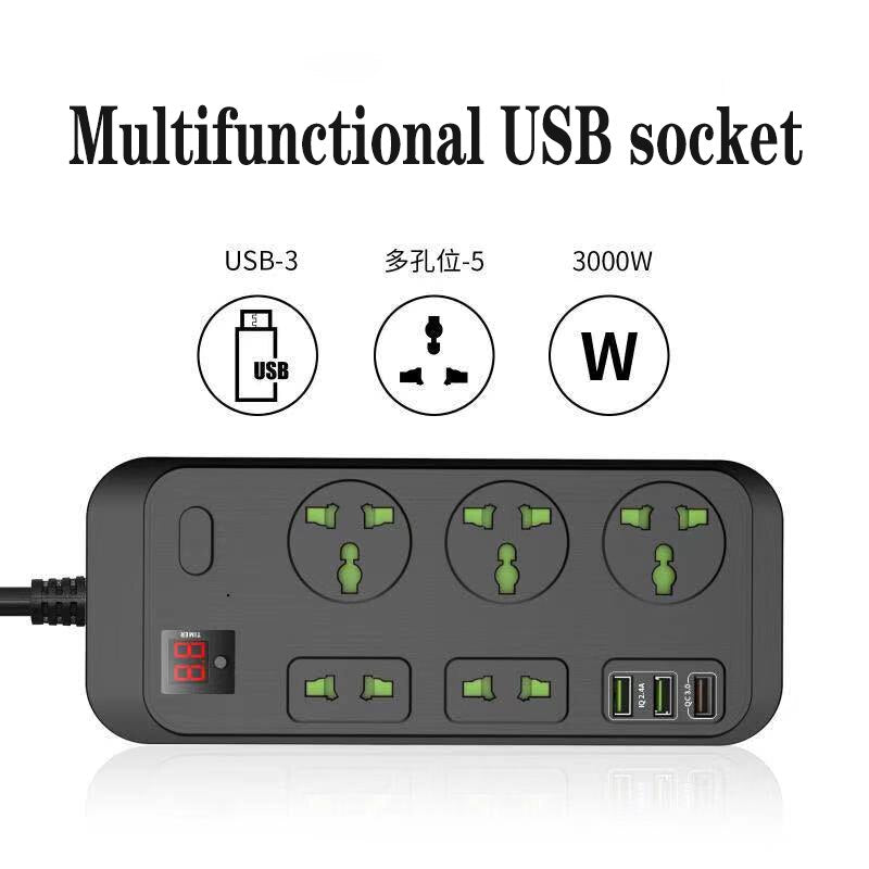 PC Power Strip Multi Plug with 5 AC Outlets QC3.0 18W 3 USB Fast Charging Ports Socket Adapter US UK EU AU Timer Power Socket