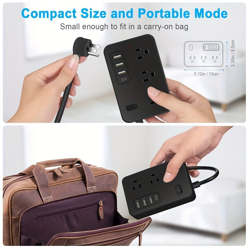 Ultra-Compact Power Strip with Individual Switch, 4 USB Ports (3 USB + 1 Type-C), 1.2m Cord, Universal Wall Mount, Black, 110-130V, US Plug
