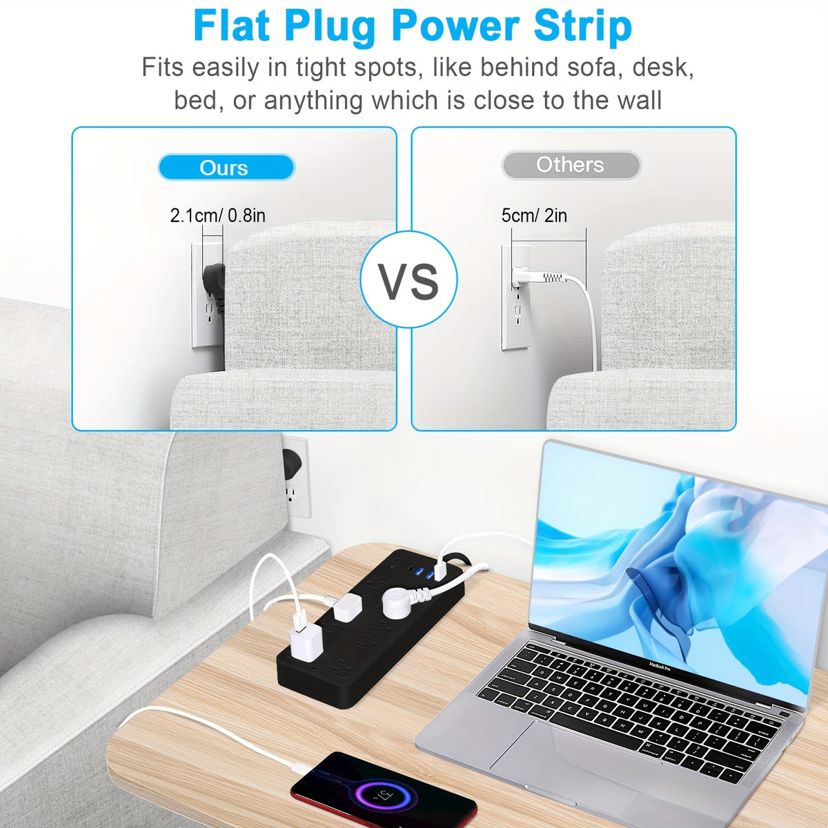 Surge Protector Power Strip with USB Ports, Multi-Outlet Desktop Charging Station, Flat Plug, Wall Mountable, Night Light Socket - Ideal for Home &amp; Office Use