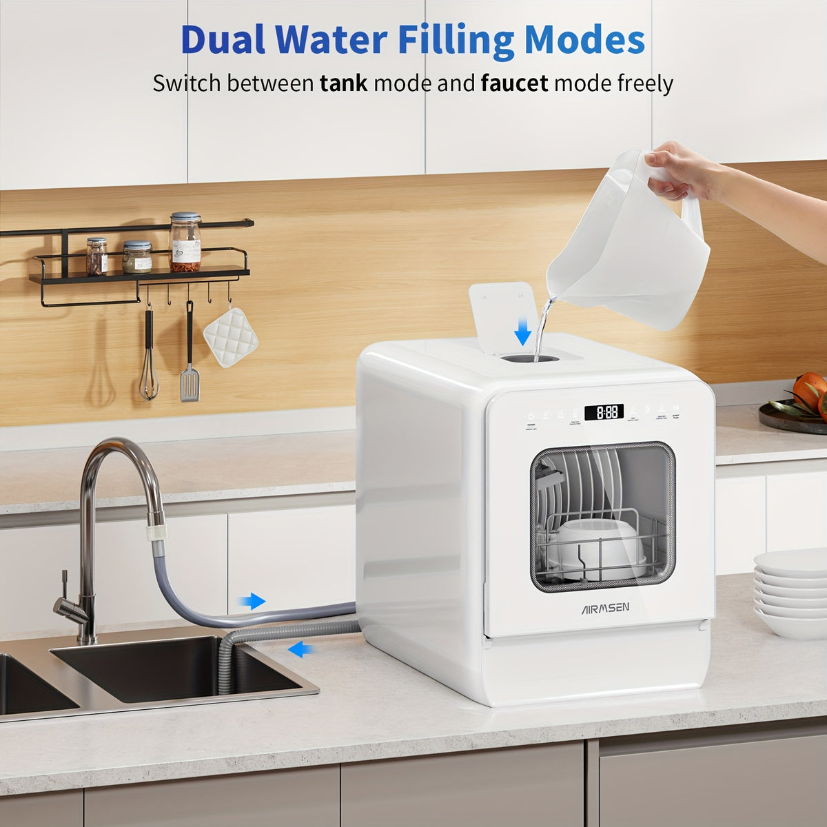 AIRMSEN 9 Programs Portable Countertop Dishwasher With 5L Built-in Water Tank, 14.6&quot; Wide Mini Dishwasher Upgrade Self-cleaning Washing, 24H Delay Start And Energy-saving, For Apartments &amp; RVs, White