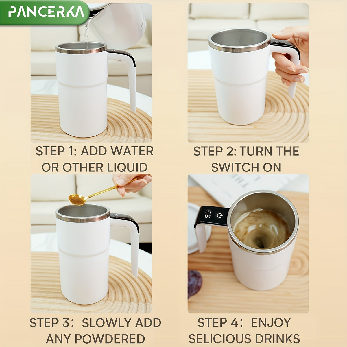 PANCERKA Rechargeable Self-Stirring Coffee Mug with Temperature Display - USB Charging, Sealed Travel Tumbler for Coffee, Milk, Chocolate &amp; Mocha