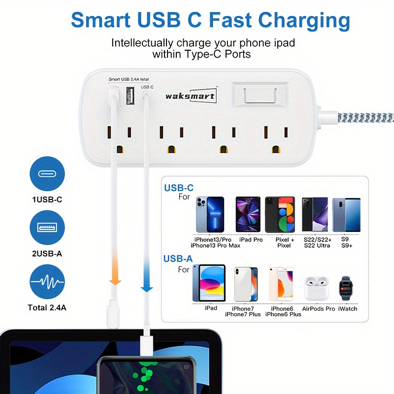 Flat Plug Surge Protector Power Strip, 5 Ft Braided Flat Extension Cord With 3 USB Charger (1 USB C), 8 AC Outlets Compact Desk Charging Station Wall Mount For Office, School, Dorm