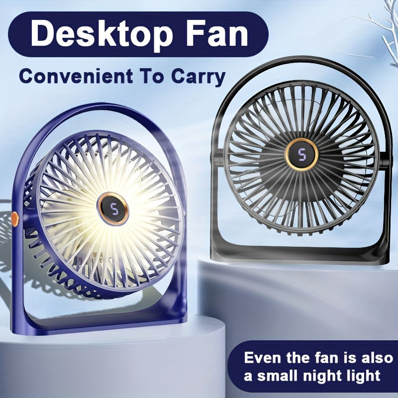 Portable LED Desk Fan with Night Light, 5-Speed Mini USB Table Fan, 360° Adjustable Tower Fan, LED Display, USB Charging, 1200mAh Rechargeable Lithium Battery for Home, Desktop &amp; Office Use