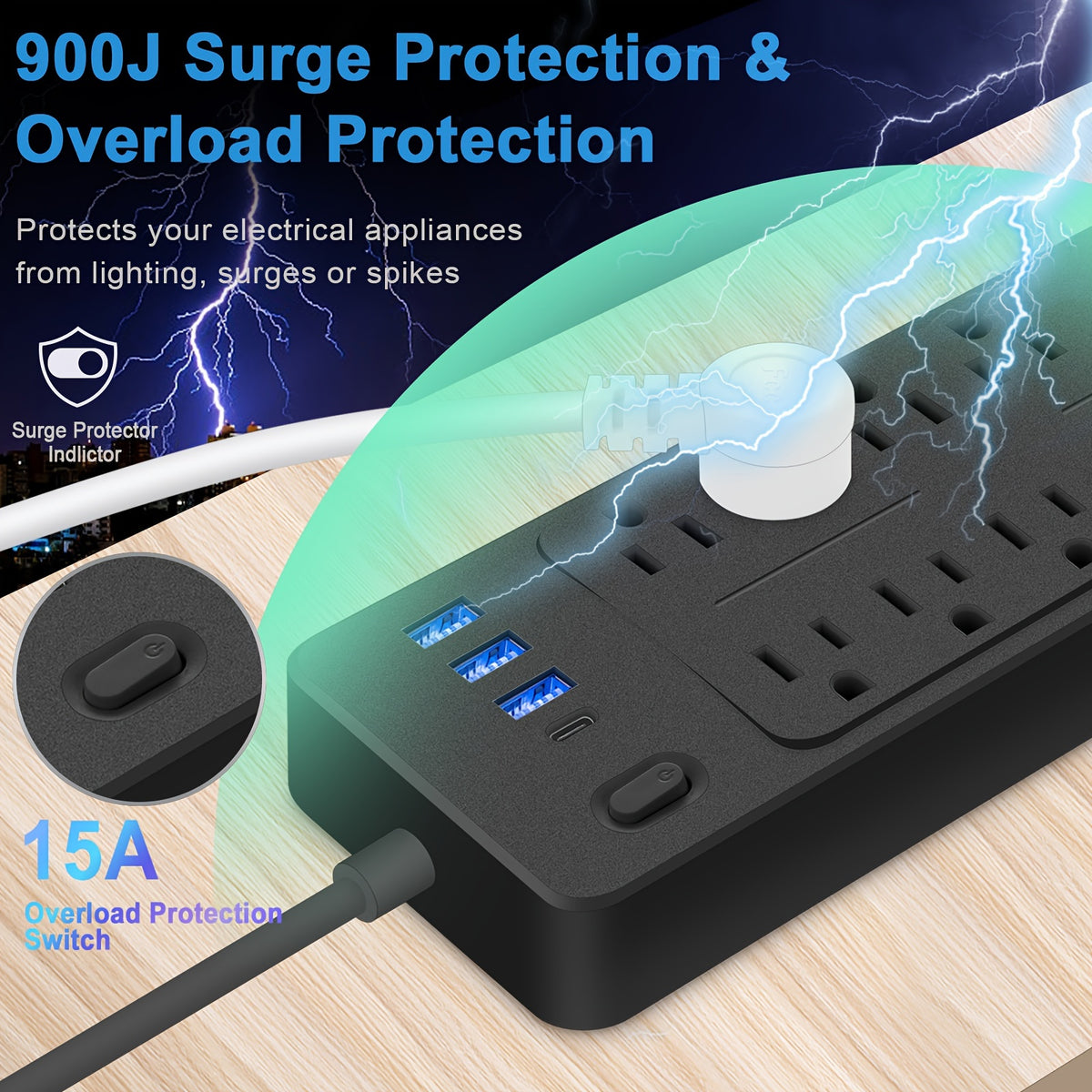 Surge Protector Power Strip with USB Ports, Multi-Outlet Desktop Charging Station, Flat Plug, Wall Mountable, Night Light Socket - Ideal for Home &amp; Office Use