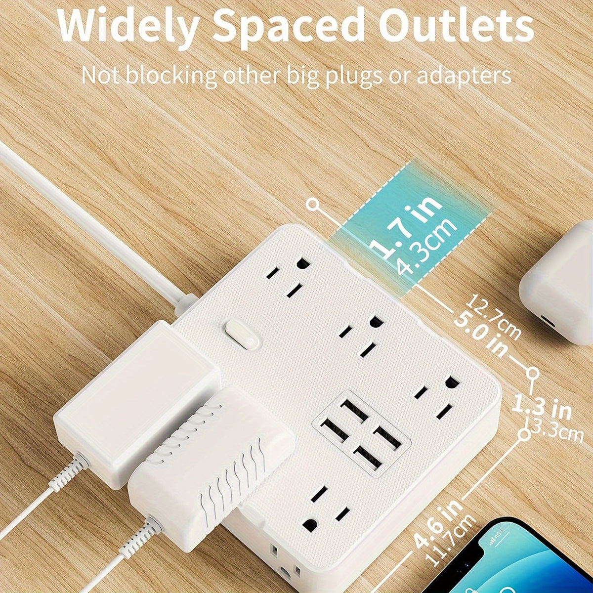 Power Bar Surge Protector - 5 ft Flat Plug Extension Cord with 4 USB Ports, 2100 Joules, Wall Mount, Desk Charging Station for Home Office Dorm, White