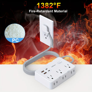 Flat Plug Power Strip Surge Protector - 6 Standard Outlets, 4 USB Charger (2 USB C), 5 Ft Braided Extension Cord, Rectangle, Mountable with On/Off Switch, 110V-130V, US Plug, Wall Mount for Office, School, Dorm, White