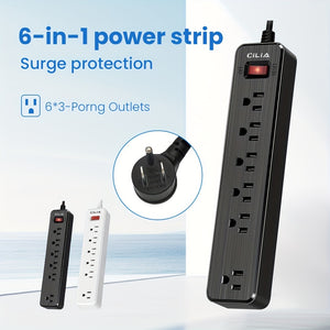 1pc Household Office Universal, US Specification Multi-hole High-power Socket, Row Plug-in Cable Board, Table Wall Dual-use, 6 DC Jacks, 59.06inch Cable Length, PVC Outer Packaging