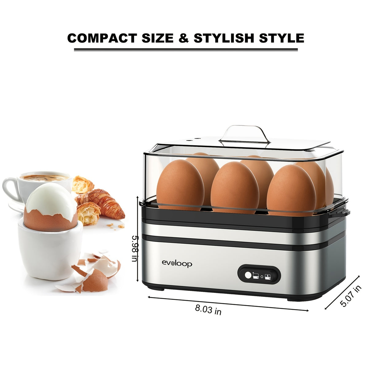 Evoloop Rapid Egg Cooker - Effortlessly Craft Perfect Eggs Every Time with Auto Shut Off - 6 Egg Capacity for Hard Boiled, Poached, Scrambled, or Fluffy Omelets - Culinary Mastery in Minutes