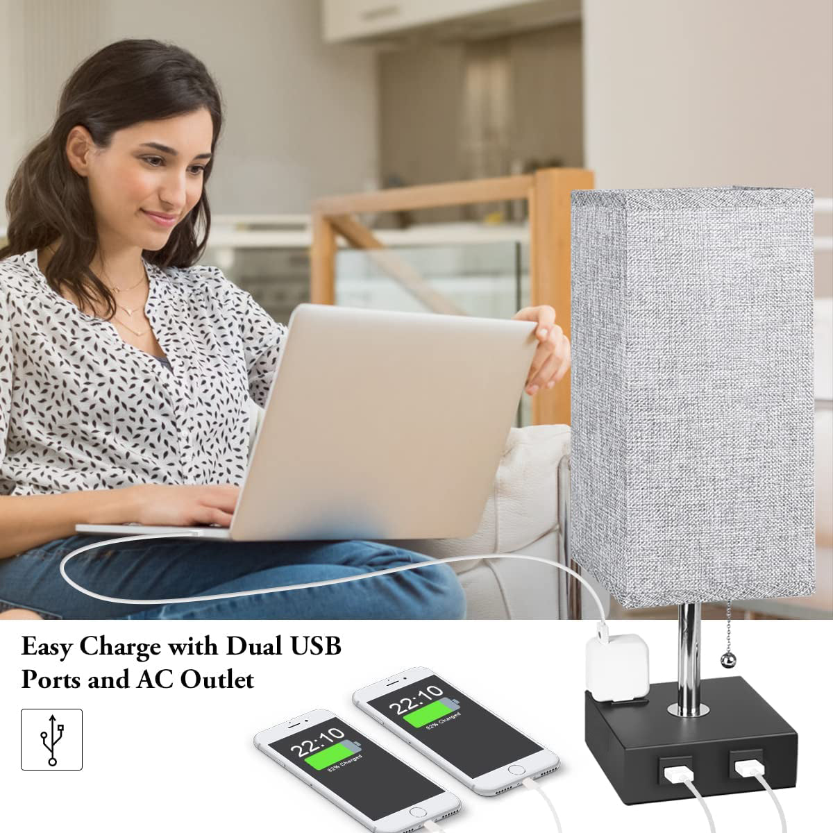 USB Bedside Table Lamp - Grey - Stereotech