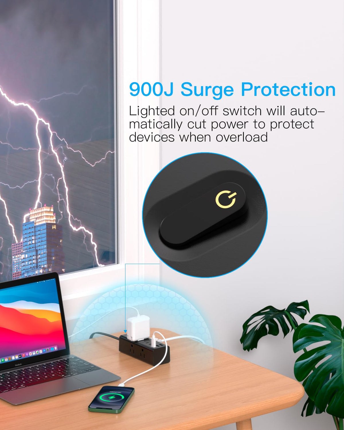 10Ft Extension Cord with Multiple Outlets, Flat Plug Power Strip Surge Protector with 10 Ft Long Cord, 6 Outlet 3 USB Ports (1 USB C), Multi Outlet Wall Plug for Travel, College, Dorm Room Essentials