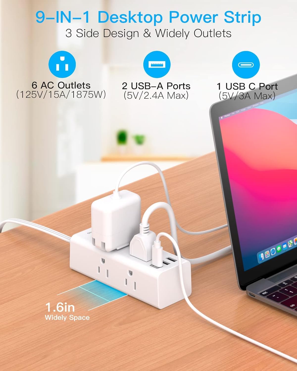 10Ft Extension Cord with Multiple Outlets, Flat Plug Power Strip Surge Protector with 10 Ft Long Cord, 6 Outlet 3 USB Ports (1 USB C), Multi Outlet Wall Plug for Travel, College, Dorm Room Essentials