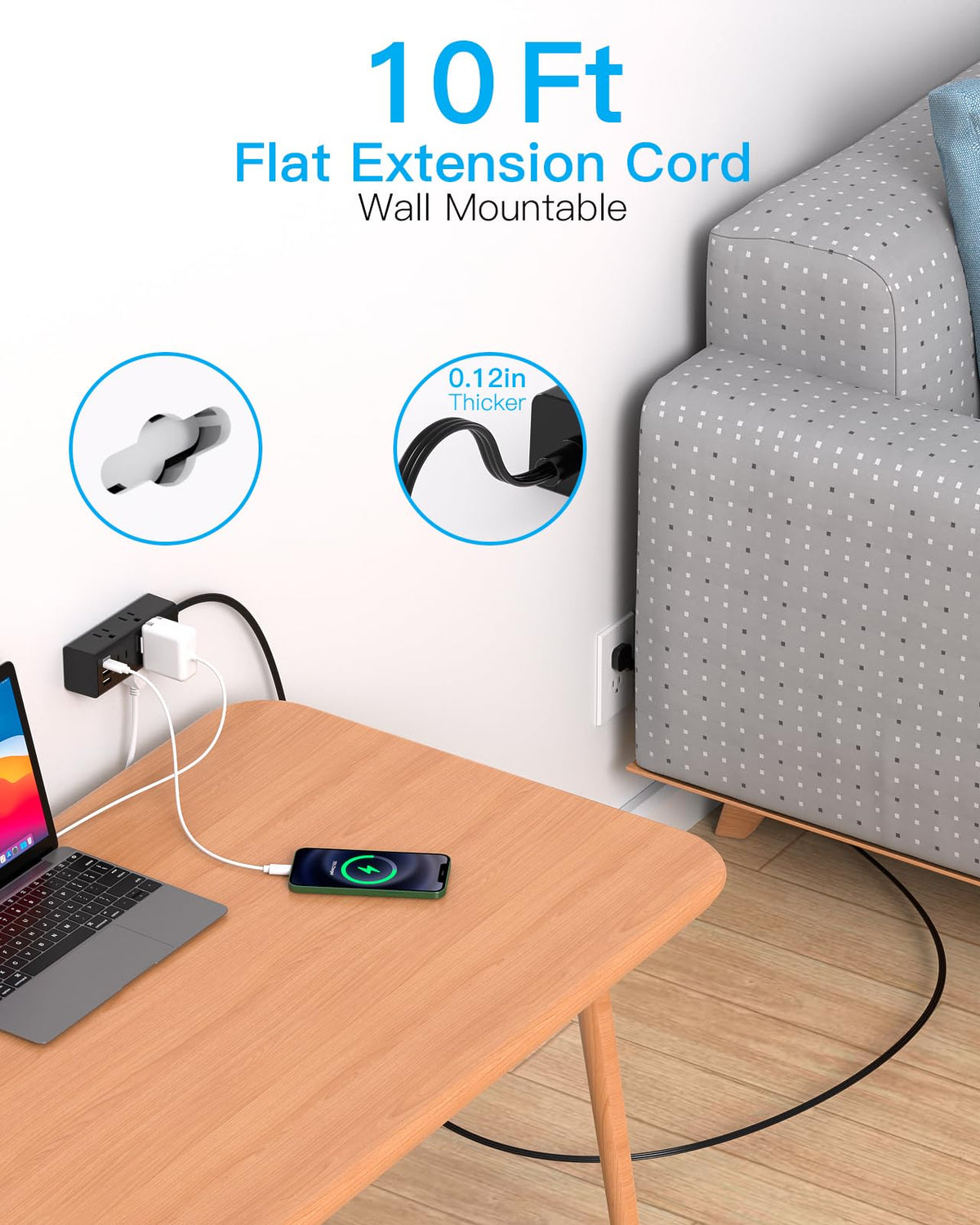 10Ft Extension Cord with Multiple Outlets, Flat Plug Power Strip Surge Protector with 10 Ft Long Cord, 6 Outlet 3 USB Ports (1 USB C), Multi Outlet Wall Plug for Travel, College, Dorm Room Essentials