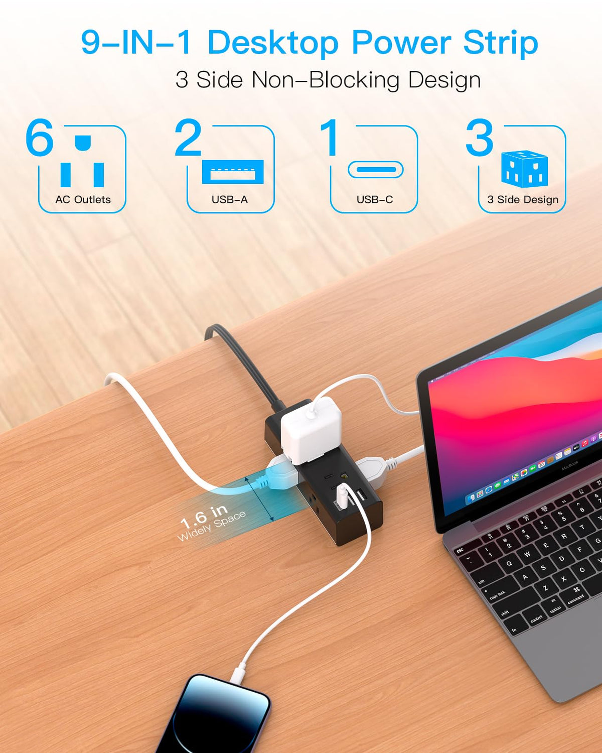10Ft Extension Cord with Multiple Outlets, Flat Plug Power Strip Surge Protector with 10 Ft Long Cord, 6 Outlet 3 USB Ports (1 USB C), Multi Outlet Wall Plug for Travel, College, Dorm Room Essentials