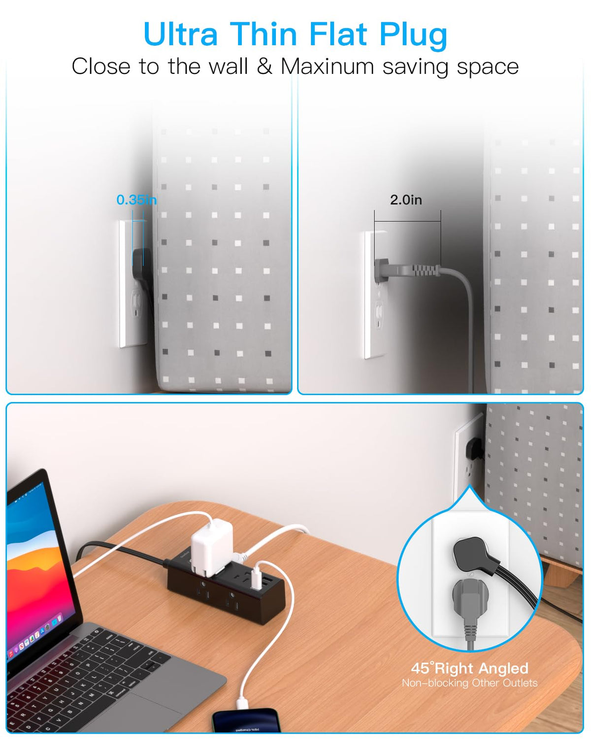 10Ft Extension Cord with Multiple Outlets, Flat Plug Power Strip Surge Protector with 10 Ft Long Cord, 6 Outlet 3 USB Ports (1 USB C), Multi Outlet Wall Plug for Travel, College, Dorm Room Essentials