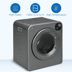 Electric Portable Dryer Compact Laundry Dryer Machine 1300W 13.2lbs Capacity Stainless Steel Tub 3.22 Cu. Ft. Tumble Dryer With 7 Drying Modes For Apartment Dorm (Grey)