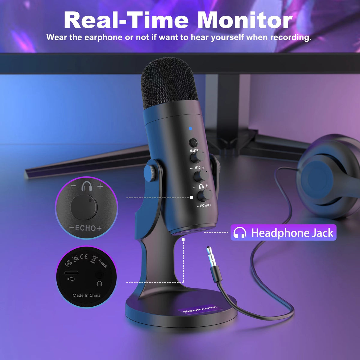 USB Microphone, Condenser Computer PC Mic, Plug&amp;Play Gaming Microphones for PS 4&amp;5.Headphone Output&amp;Volume Control, Mic Gain Control, Mute Button for Vocal, YouTube Podcast on Mac&amp;Windows (Black) Eid Al-Adha Mubarak