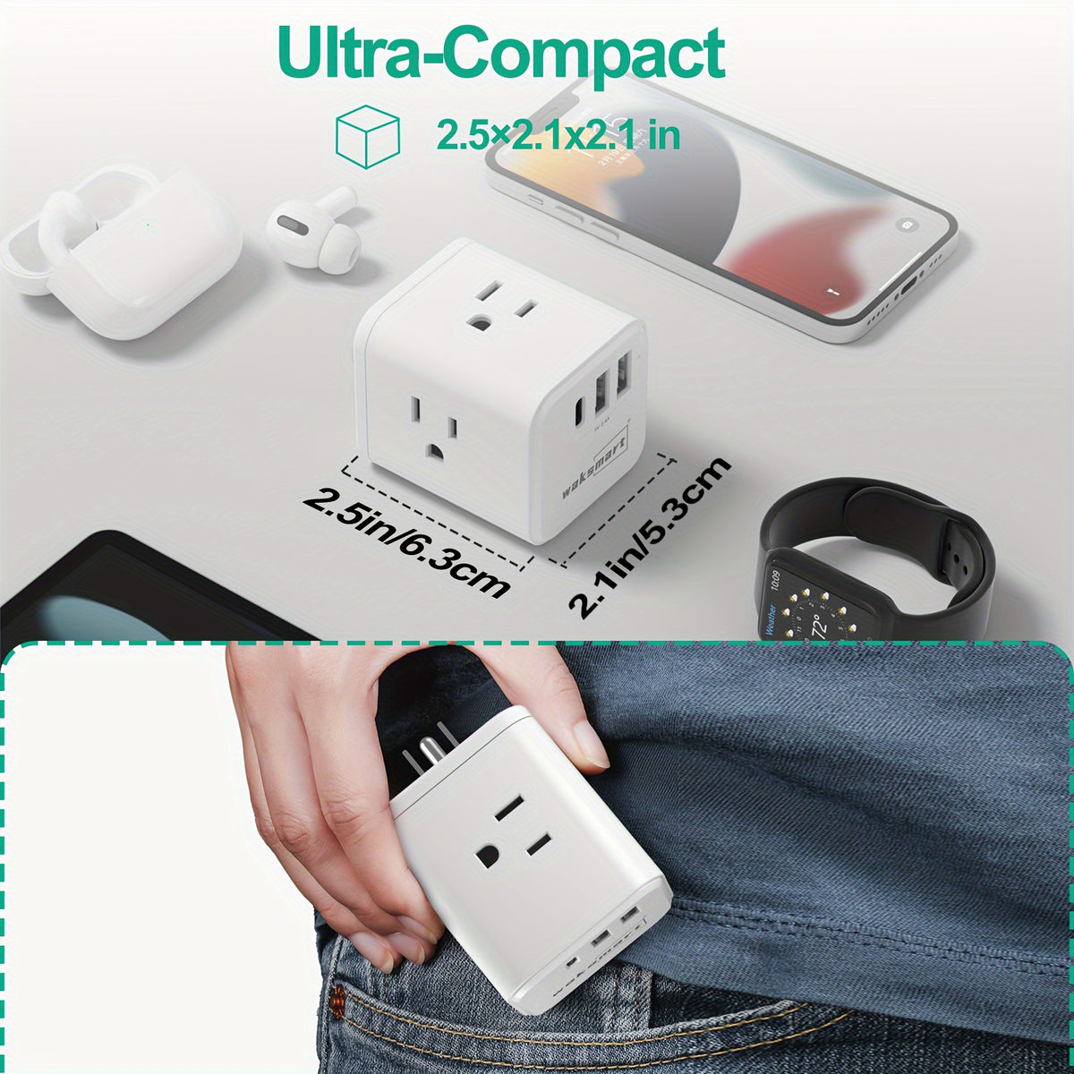 Multi Plug Outlet Extender 3 USB Ports (1 USB-C) 3 AC Outlets, Waksmart Wall Outlet Splitter, USB Wall Charger For Home, Office, Dorm, Travel Essentials, 15A/1875W ETL Listed